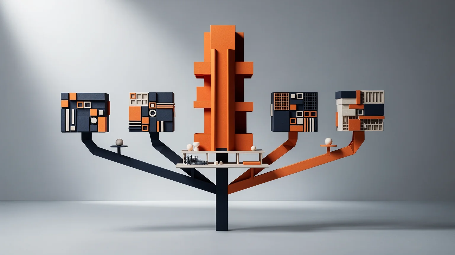 Separate branches and contributions join into one stable structure.