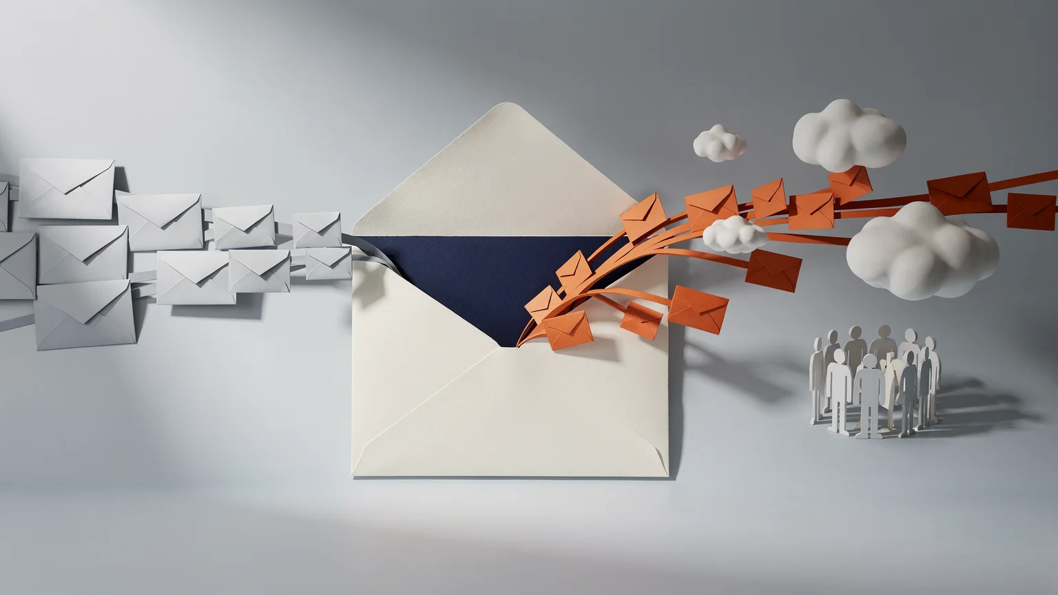 An envelope branches into a new path that carries messages to a community.