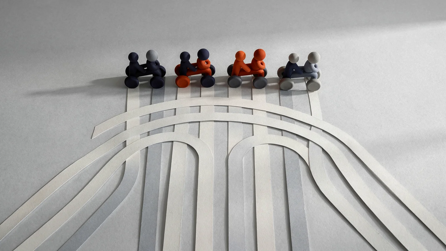 Eight abstract racers on parallel lanes represent AI labs comparing paper portfolios.